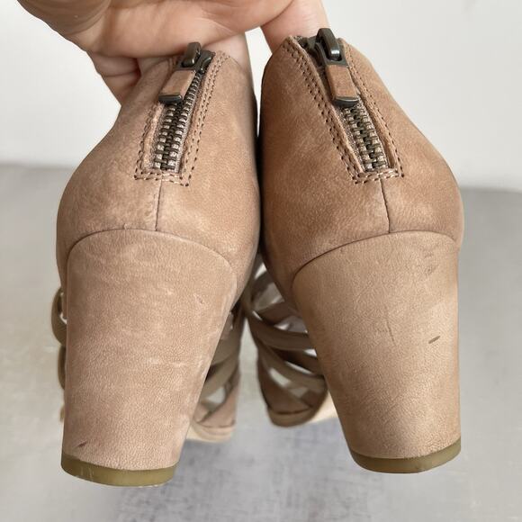 Eileen Fisher Fara Suede Leather Caged Sandals Block Heel Size 7.5 M Beige Tan - Picture 5 of 13